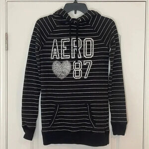Aeropostale XS Long Black Hoodie Pullover Silver Shimmer Stripes AERO 87